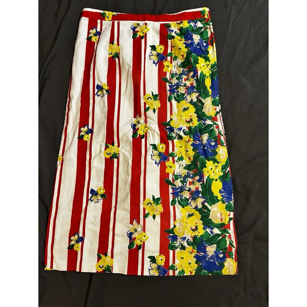 ÔCHÊ Boutique 100% Linen Red White Stripe Floral Skirt Sz Small Colorful Bright